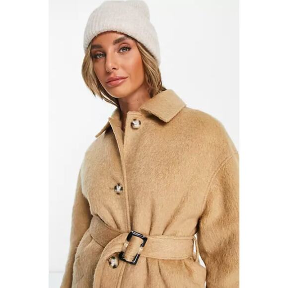 TOPSHOP Women's Brushed Shacket Size 2 Tan Camel Belted Long Sleeve NWT - Picture 3 of 13